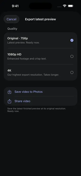 Actual Grex export screen with original, HD and 4K options, Save video to Photos and Share video.